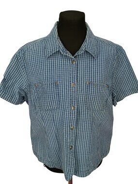 Faded Glory Womens Blue Plaid Short-Sleeve Button-Up Shirt X-Large 100% Cotton C